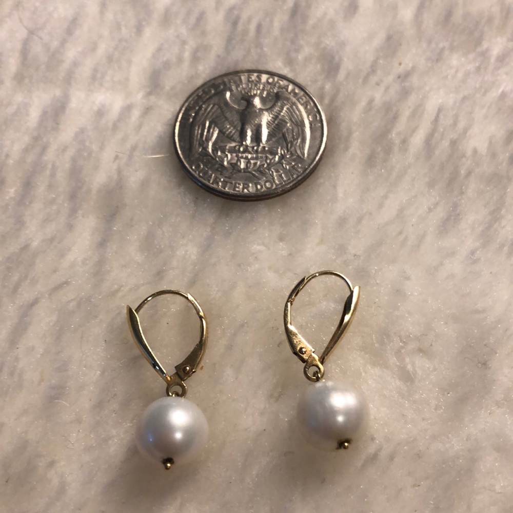 14k gold stamped simple, classic pearl earrings